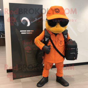 Orange Sniper mascot costume character dressed with a Leather Jacket and Tote bags