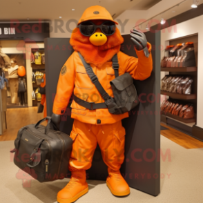 Orange Sniper mascot costume character dressed with a Leather Jacket and Tote bags