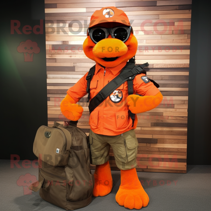 Orange Sniper mascot costume character dressed with a Leather Jacket and Tote bags