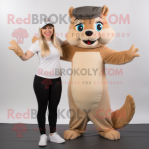 Beige Chipmunk mascot costume character dressed with a Yoga Pants and Hat pins