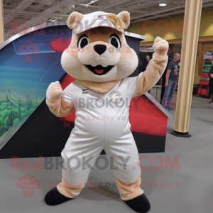 Beige Chipmunk mascot costume character dressed with a Yoga Pants and Hat pins
