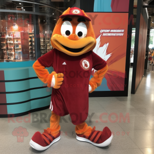 Maroon Orange mascot costume character dressed with a Romper and Shoe laces