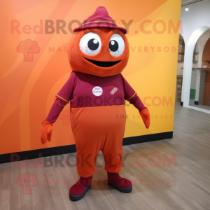Maroon Orange mascot costume character dressed with a Romper and Shoe laces