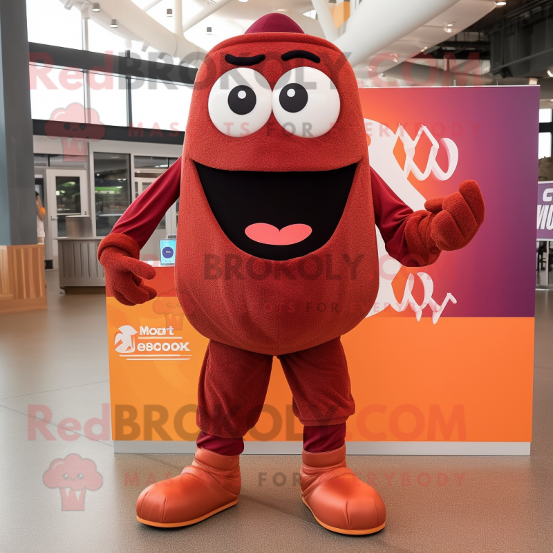 Maroon Orange mascot costume character dressed with a Romper and Shoe laces Maroon Orange mascot costume character dressed with a Romper and Shoe laces