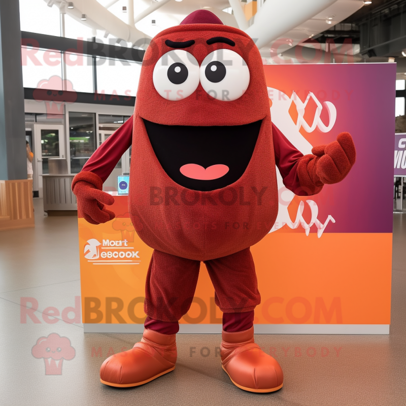 Maroon Orange mascot costume character dressed with a Romper and Shoe laces