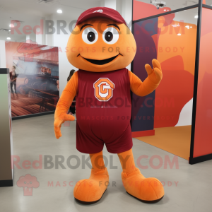 Maroon Orange mascot costume character dressed with a Romper and Shoe laces