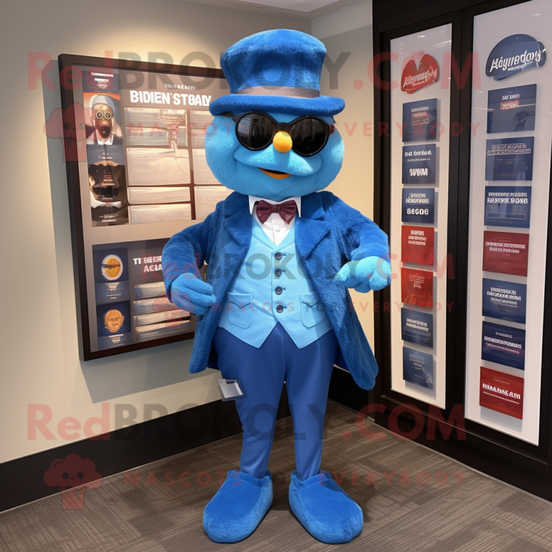 Blue Attorney mascot costume character dressed with a V-Neck Tee and Berets Blue Attorney mascot costume character dressed with a V-Neck Tee and Berets