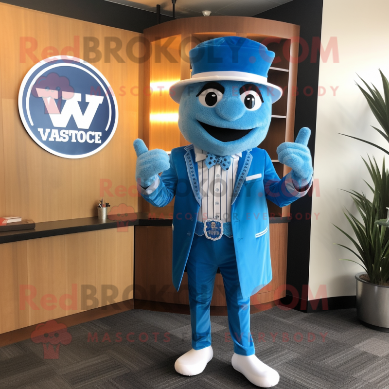 Blue Attorney mascot costume character dressed with a V-Neck Tee and Berets
