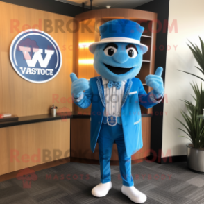 Blue Attorney mascot costume character dressed with a V-Neck Tee and Berets