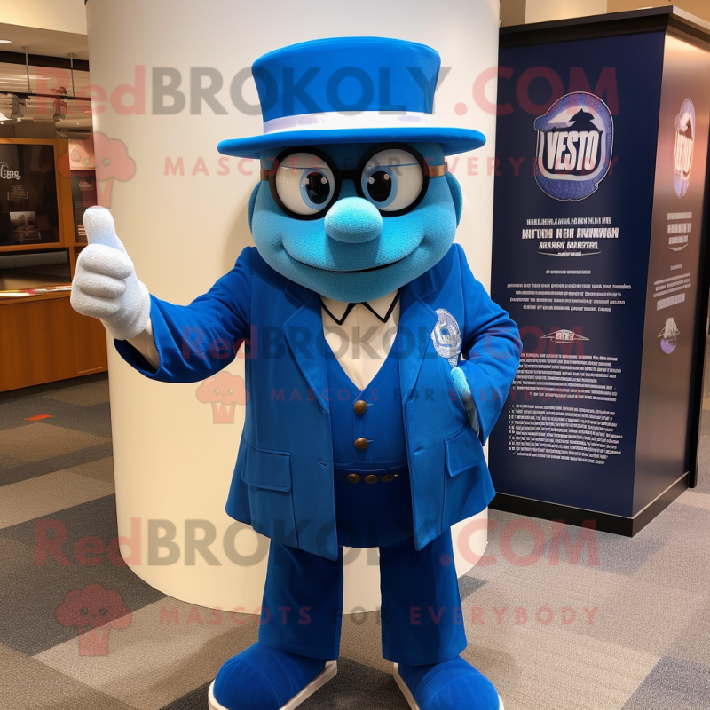 Blue Attorney mascot costume character dressed with a V-Neck Tee and Berets Blue Attorney mascot costume character dressed with a V-Neck Tee and Berets
