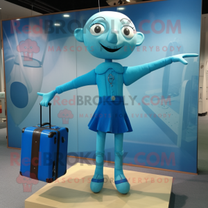 Cyan Trapeze Artist mascot costume character dressed with a Midi Dress and Briefcases