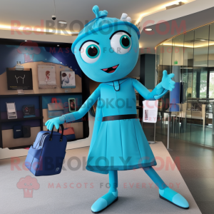 Cyan Trapeze Artist mascot costume character dressed with a Midi Dress and Briefcases