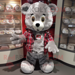 Silver Teddy Bear mascot costume character dressed with a Flannel Shirt and Coin purses