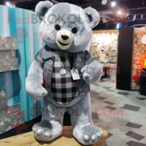 Silver Teddy Bear mascot costume character dressed with a Flannel Shirt and Coin purses
