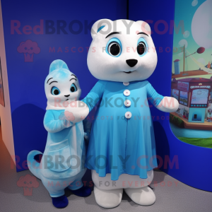 Blue Ermine mascot costume character dressed with a Midi Dress and Watches