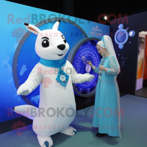 Blue Ermine mascot costume character dressed with a Midi Dress and Watches