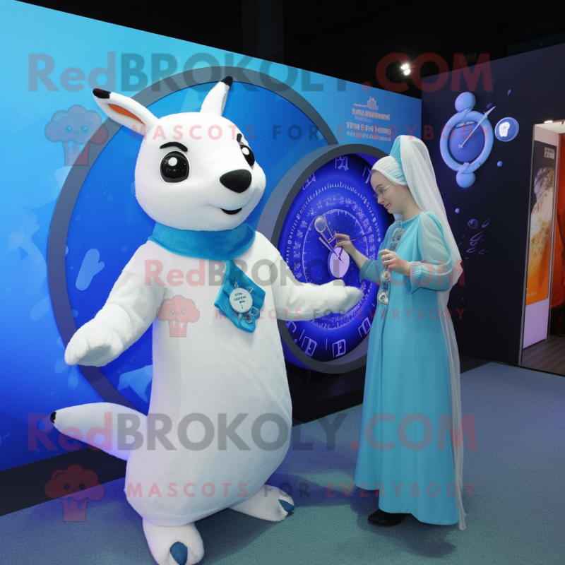 Blue Ermine mascot costume character dressed with a Midi Dress and Watches