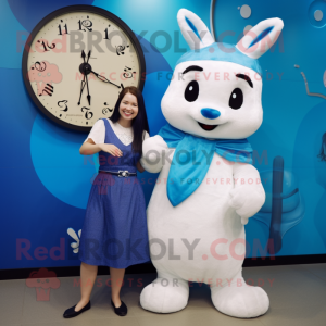 Blue Ermine mascot costume character dressed with a Midi Dress and Watches