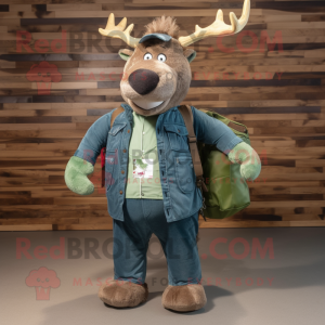 Green Irish Elk mascot costume character dressed with a Denim Shirt and Messenger bags