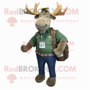 Green Irish Elk mascot costume character dressed with a Denim Shirt and Messenger bags