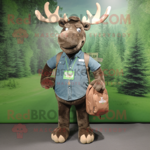 Green Irish Elk mascot costume character dressed with a Denim Shirt and Messenger bags