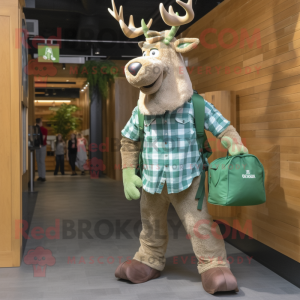 Green Irish Elk mascot costume character dressed with a Denim Shirt and Messenger bags