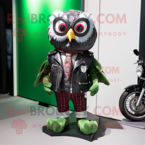 Green Owl mascot costume character dressed with a Biker Jacket and Bow ties