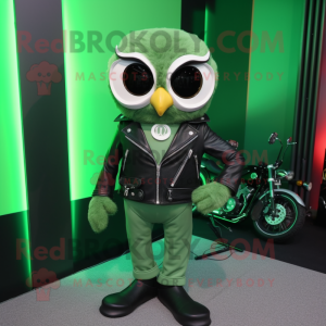 Green Owl mascot costume character dressed with a Biker Jacket and Bow ties