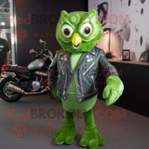 Green Owl mascot costume character dressed with a Biker Jacket and Bow ties