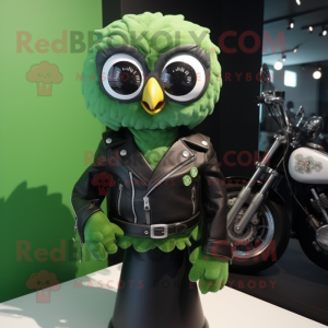 Green Owl mascot costume character dressed with a Biker Jacket and Bow ties