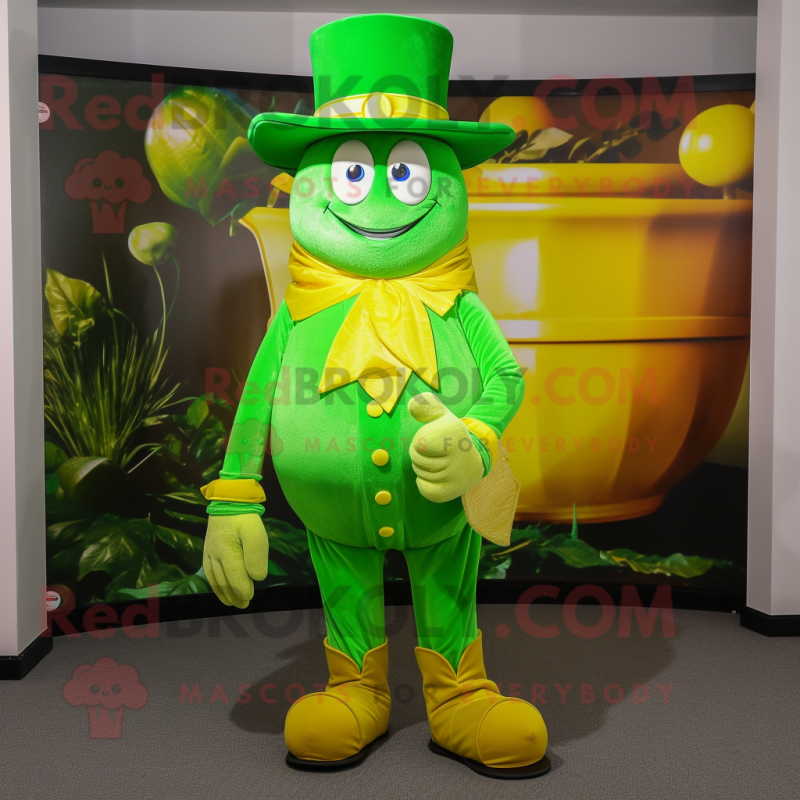 Lime Green Pot Of Gold mascot costume character dressed with a Bootcut Jeans and Hats Lime Green Pot Of Gold mascot costume character dressed with a Bootcut Jeans and Hats