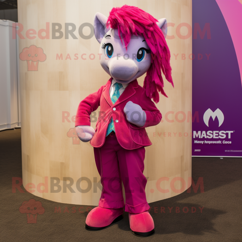 Magenta Mare mascot costume character dressed with a Trousers and Ties Magenta Mare mascot costume character dressed with a Trousers and Ties