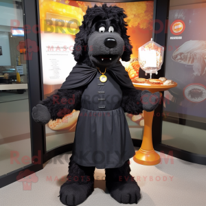 Black Shepard'S Pie mascot costume character dressed with a Coat and Brooches