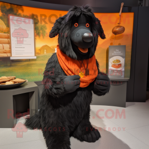 Black Shepard'S Pie mascot costume character dressed with a Coat and Brooches