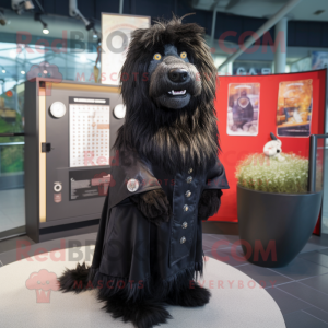 Black Shepard'S Pie mascot costume character dressed with a Coat and Brooches