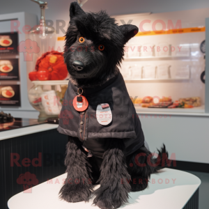 Black Shepard'S Pie mascot costume character dressed with a Coat and Brooches