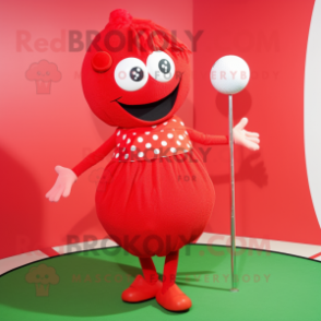 Red Golf Ball mascot costume character dressed with a A-Line Dress and Hairpins