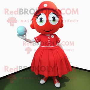 Red Golf Ball mascot costume character dressed with a A-Line Dress and Hairpins