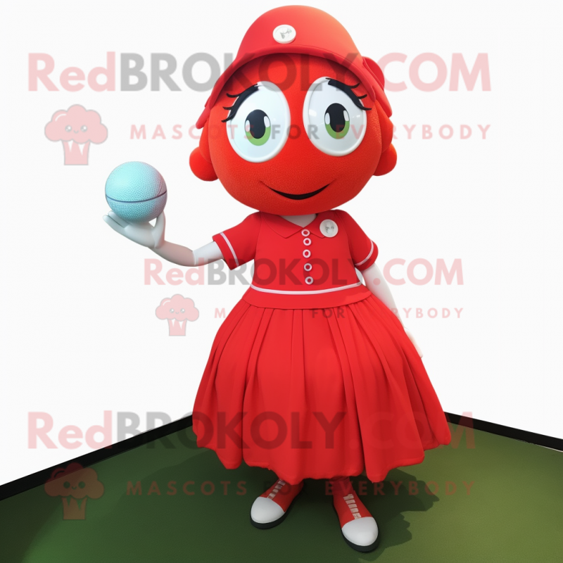 Red Golf Ball mascot costume character dressed with a A-Line Dress and Hairpins Red Golf Ball mascot costume character dressed with a A-Line Dress and Hairpins