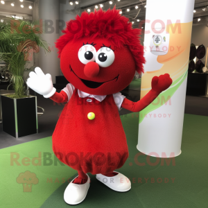 Red Golf Ball mascot costume character dressed with a A-Line Dress and Hairpins