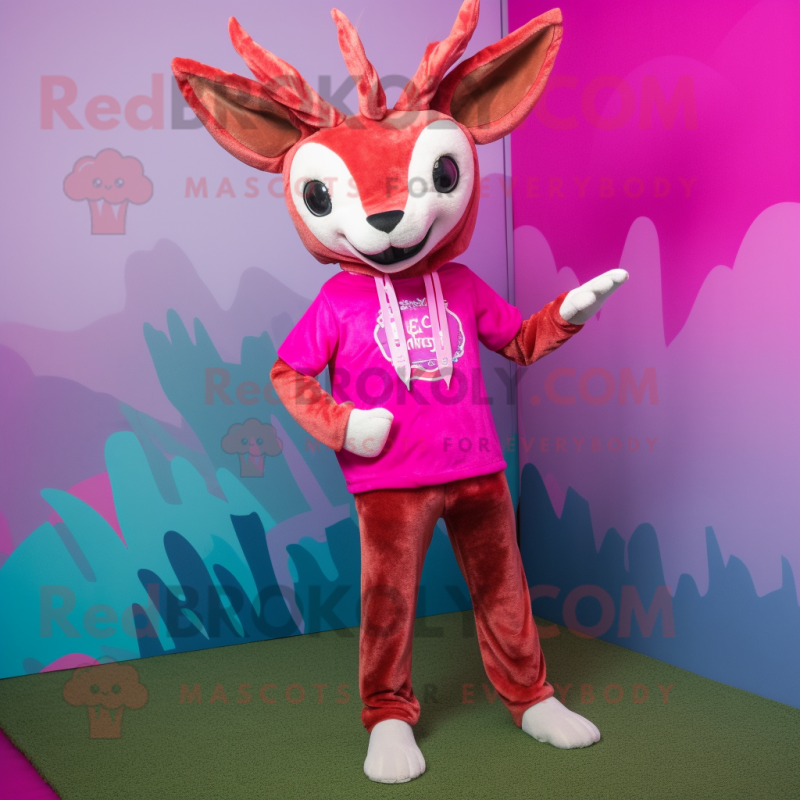 Magenta Roe Deer mascot costume character dressed with a Skinny Jeans and Hair clips