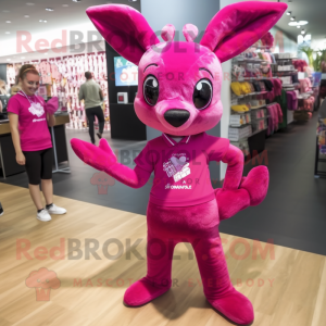Magenta Roe Deer mascot costume character dressed with a Skinny Jeans and Hair clips