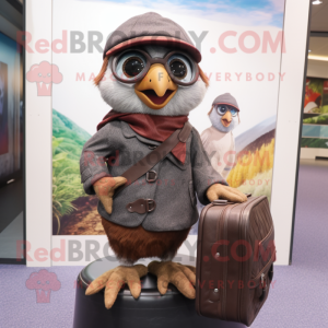 nan Quail mascot costume character dressed with a Leather Jacket and Briefcases