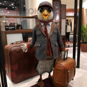 nan Quail mascot costume character dressed with a Leather Jacket and Briefcases