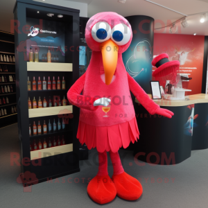 Red Flamingo mascot costume character dressed with a Cocktail Dress and Beanies