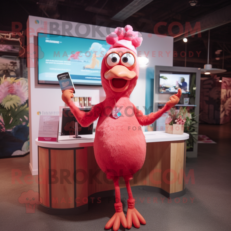 Red Flamingo mascot costume character dressed with a Cocktail Dress and Beanies Red Flamingo mascot costume character dressed with a Cocktail Dress and Beanies