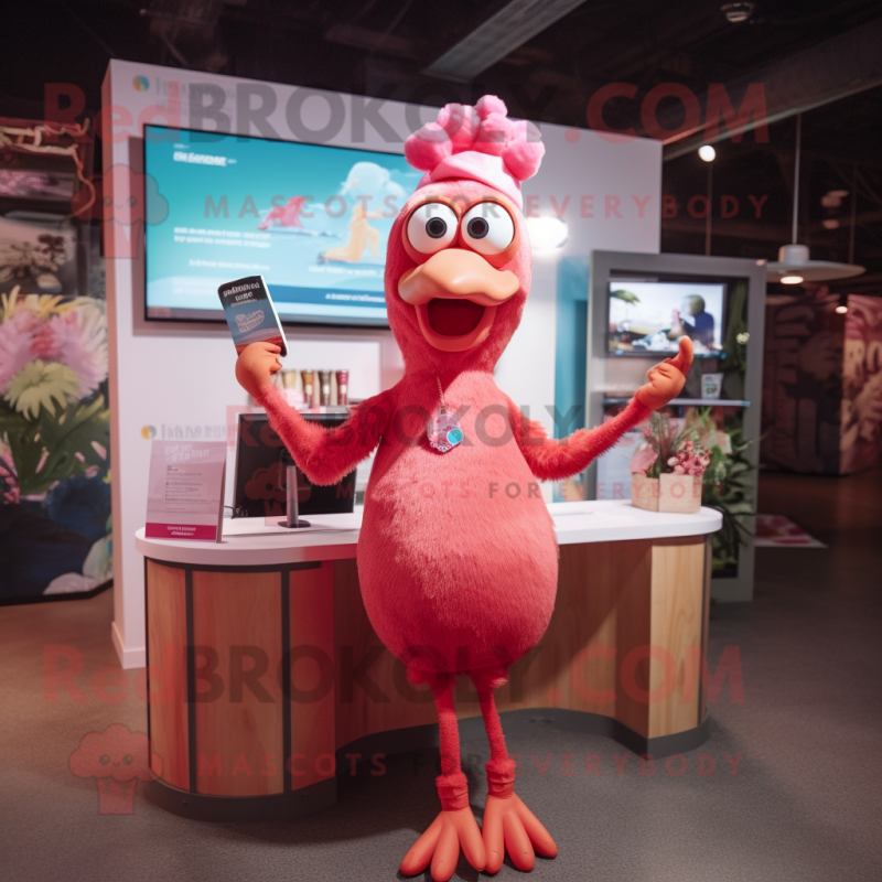 Red Flamingo mascot costume character dressed with a Cocktail Dress and Beanies