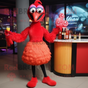 Red Flamingo mascot costume character dressed with a Cocktail Dress and Beanies