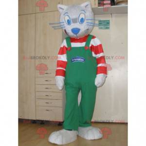 Grijze kat mascotte met een gestreepte outfit en overall -