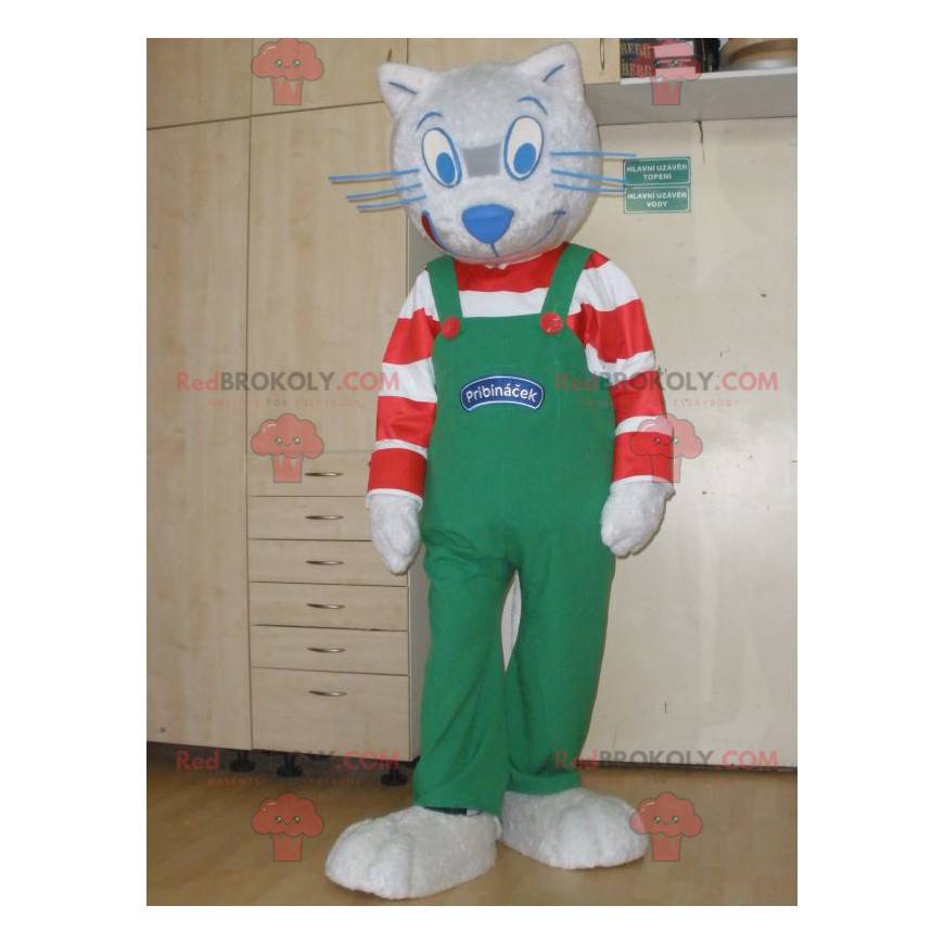 Graues Katzenmaskottchen mit gestreiftem Outfit und Overall -